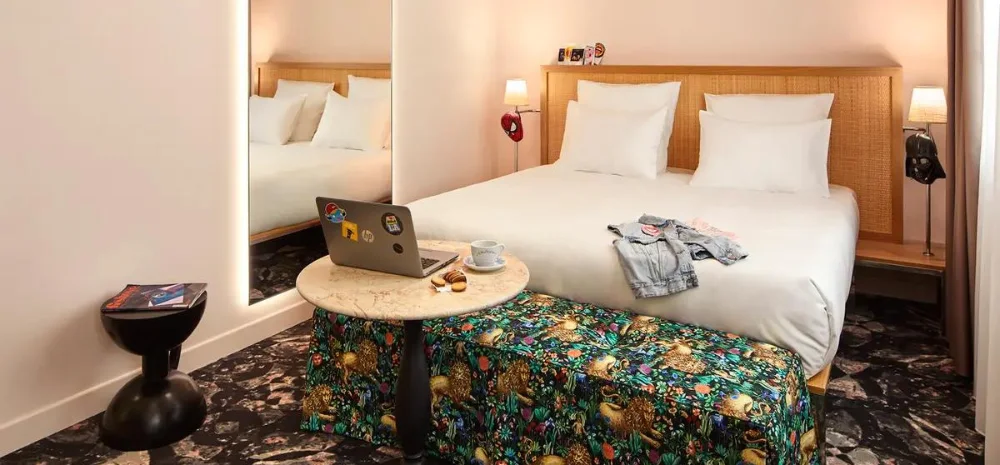 Bedroom area of Mama Shelter Hotel Rome, Italy